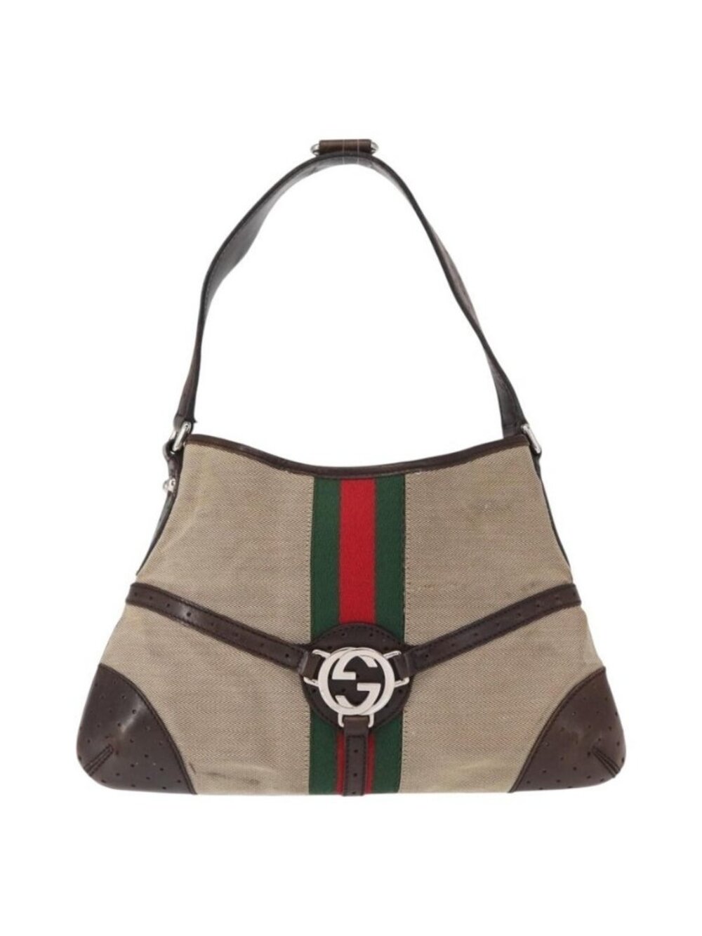 Authentic GUCCI Web Sherry Line Shoulder Bag Beige Silver Red 114877 - Picture 9 of 16